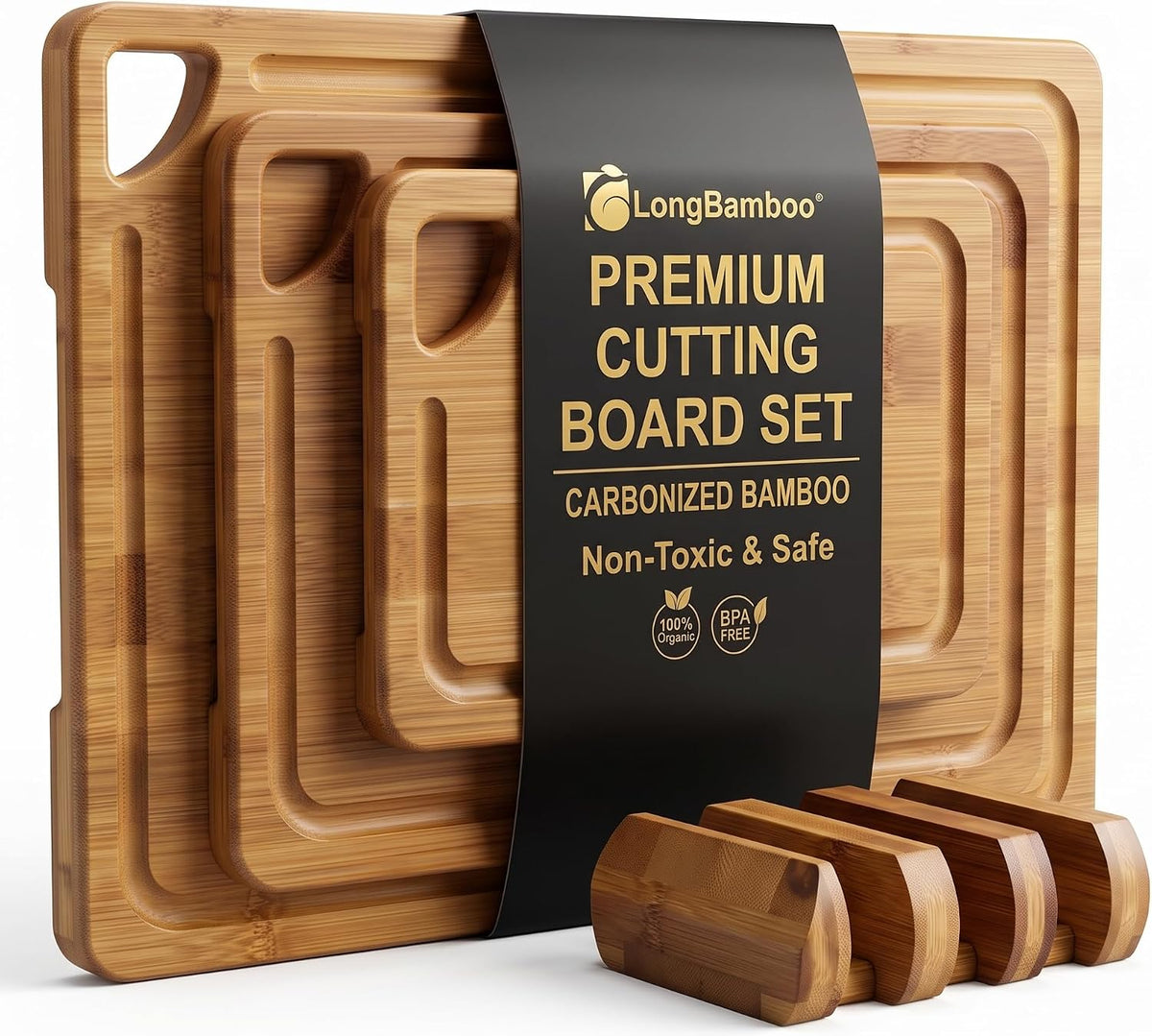 3-Piece Bamboo Cutting Board Set with Holder, Juice Groove for Kitchen Prep