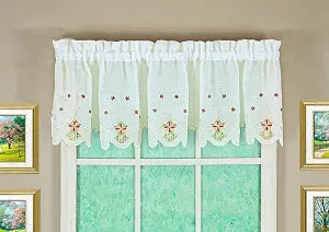 Today's Curtain, Sunshine Semi Sheer Embroidery Valance 14", Ecru/Burgundy, 60" W x 14" L