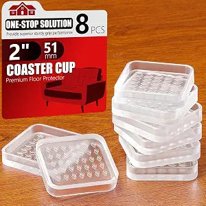 8 Pcs Clear Furniture Coaster Cups for Hardwood Floor, 2" Square Non-Slip Rubber Furniture Pads, Heavy Duty Anti-Skid Floor Protectors for Bed & Couch Leg, Odorless & Non-Staining Rubber Gripper Feet