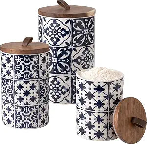 American Atelier Ceramic Kitchen Canister Set w/Lids Medallions, Blue, 3PC