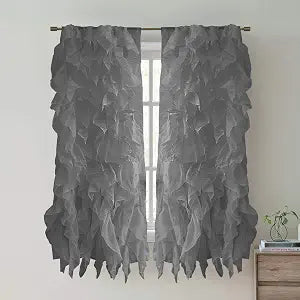 Sweet Home Collection 2 Pack Window Treatment Sheer Cascading Panel Vertical Ruffled Curtains in Many Sizes and Colors, 63" x 50", Gray