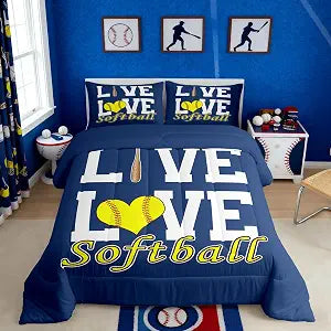 Castle Fairy Softball Full Size Comforter Set,Sports Theme Bedding Set for Adults Teens,Children Abstract Softball Comforter Luxury Yellow and Blue Quilt Set Room Decor 3Pcs