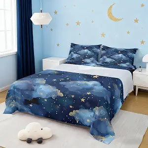 Night Sky Sheet Set Trippy Starry Galaxy Bedding Set Ombre Blue Cloud Bed Sheets Teens Room Decor Navy Blue Bed Set (Queen Flat Sheet & Fitted Sheet with 2 Pillow Case)