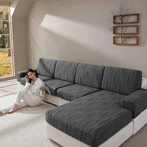 QIANMEW Couch Cushion Covers, Super Stretch Washable Sofa Slipcovers for L Shaped & Modular Seats, Pet-Friendly Furniture Protector with Stripe Design, (1 Back Cover, Dark Gray)