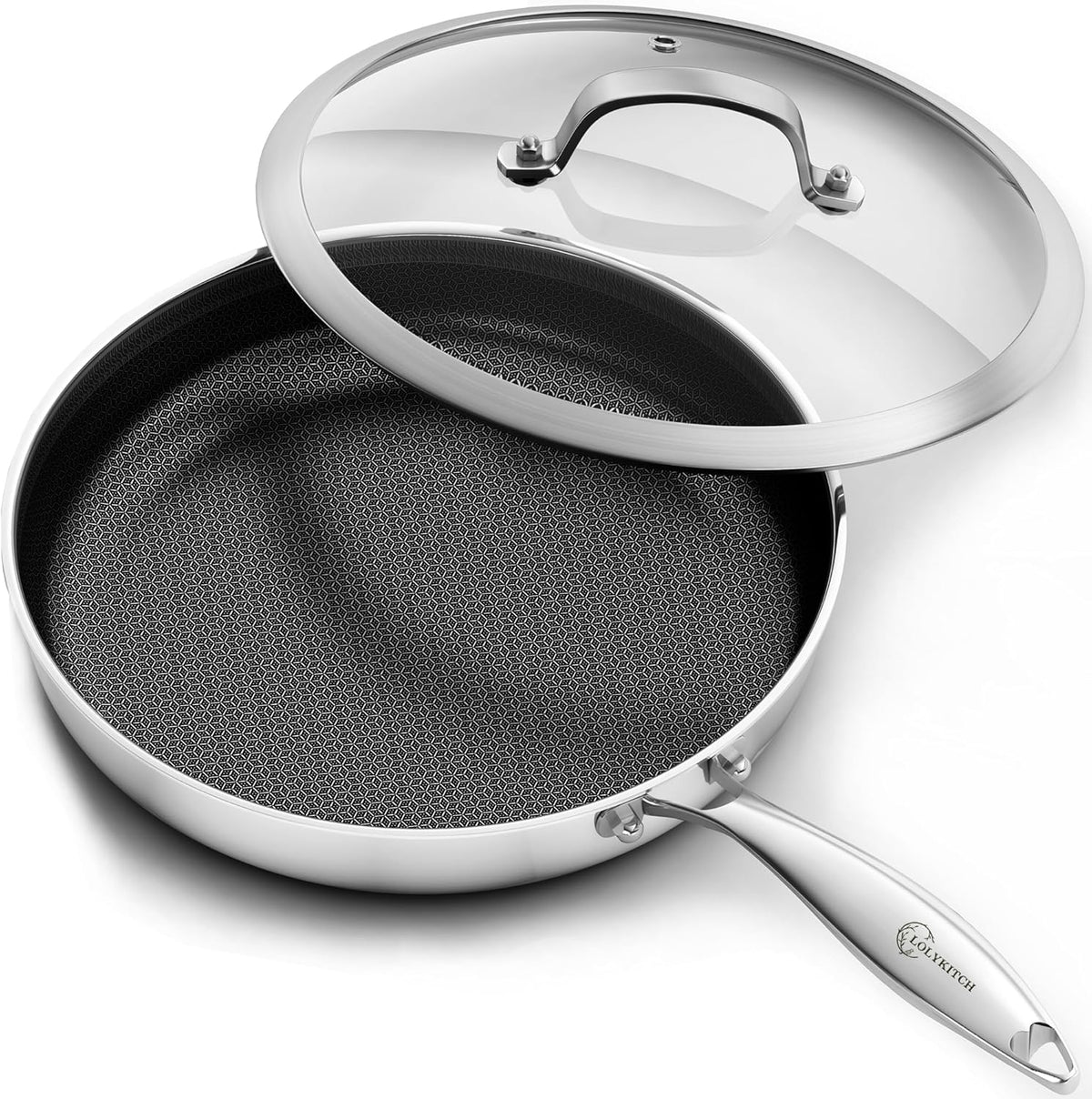 LOLYKITCH 12 Inch Hybrid Nonstick Frying Pan with Glass Lid | PFOA Free
