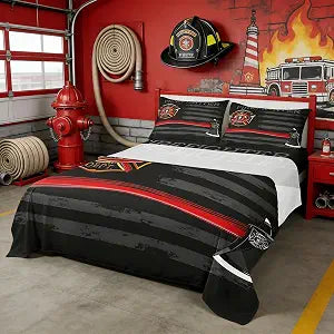 Firefighter Sheet Full Size,American Flag Geometric Stripes Bedding Set,Boys Girls Adults Room Decor,Fire Fighting Truck Tools Red Black Fashion Bed Sheet Set 4pcs(Fitted + Flat + 2 Pillowcases)