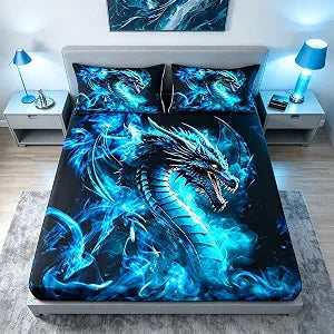 3D Dragon Fitted Sheet Queen Size,Black Blue Foggy Bedding Set 3Pcs,Western Magical Theme Animals Bed Sheet for Kids Boys Men Adult Room Decor,Cool Flying Dragon Deep Pocket Sheet,2 Pillowcases