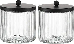 KMwares 2-Pack Glass Qtip Holder Dispenser Set - Bathroom Canister Storage Organizer for Cotton Balls, Swabs, Floss Picks, and Makeup Sponges with Matte Black Metal Lid - Clear Vanity Apothecary Jars