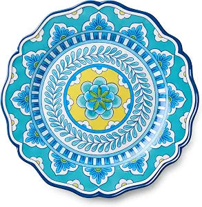 Porto 11" MELAMINE DINNER PLATES, SETof 4  artistically designed Tile Mandala Art, Turquoise Blue Yellow Patterns