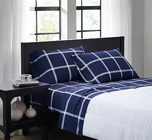 TRULY SOFT Printed Windowpane White and Navy Polyester 3-Piece Twin XL Sheet Set, Geometric Themed, for Men and Women, Oeko-TEX Certified Confidence