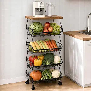 VECELO 5-Tier Fruit Basket with Wheels, Fruit and Vegetable Storage Cart for Kithchen, Stackable Produce Organizer Wire Baskets for Kitchen, Pantry, Living Room