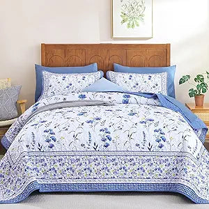WONGS BEDDING Floral Quilt Set Full Size,3 Pcs Blue Bedspread Coverlet Set