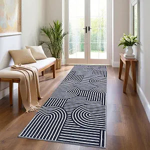 GarveeHome Washable Abstract Rug Runners 2x6 Non Slip Non Shedding Blue Bathroom Rug Low Pile Soft Bedside Rug Modern Rainbow Runner Rug for Hallway Porch Laundry Room Dining Table Under, Blue
