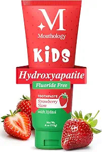 Mouthology Hydroxyapatite Kids Toothpaste Fluoride Free with Xylitol, Non Toxic Fluoride Free Toothpaste for Kids, All Ages (1-3), (3-6) & (6-12) Strawberry, 4oz