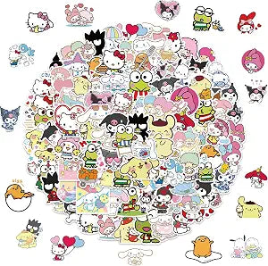 100pcs Sanrio Cartoon Stickers, Kawaii Hello Kitty Kuromi Mymelody Waterproof Vinyl Decal for Teen Kids Girl Adult Laptop, Travel Case, Phone, Bike, Water Bottle, Guitar, Computer, Skateboard