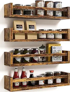 Spice Rack Wall Mount - 4-Pack Wooden Hanging Spice Rack for Wall - Rustic Wood Spice Wall Rack for Kitchen Seasoning Organization (4, Rustic Brown, 15.7 Inches)