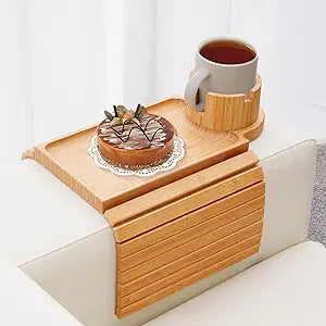 GHKINMAL Couch Cup Holder Tray, 3 in 1 Couch Arm Trays,Large Bamboo Chair Arm Rest Tray with 360 Cup Holder,Removable Anti-Slip Organizer for Snack Eating