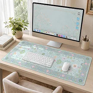 iCasso Aesthetic Floral Mouse Pads for Desk, XXL Computer Mat, Blue