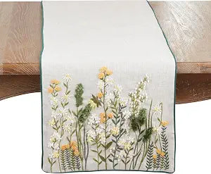 SARO LIFESTYLE Embroidered Linen Blend Table Runner  Floral Lined Decorative Table Runner for Dining Tables, 16"x72"