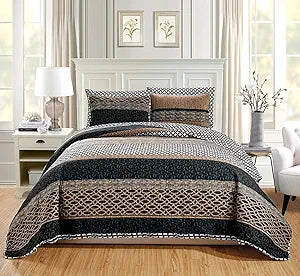 GrandLinen 3-Piece Fine Printed Oversize (90" X 88") Quilt Set Reversible Bedspread Coverlet Full Size Bed Cover (Black, Brown, Taupe, Beige Lattice)