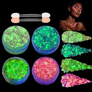 4 Colors Large Content Glow Face Body Glitter Gel, UV Black Light Neon Glitter, Rave Outfits for Women, Glow in the Dark Hair Glitter for Kids, Halloween Makeup, Game Day, Carnival, 40g/1.4Oz
