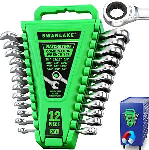 12-Piece Ratcheting Wrench Set, SAE 1/4 - 3/4 inch Ratchet Combination Wrenches Set, 12-Point 72-Tooth Ratchet Spanners with Magnetic Base Organizer, Chrome Vanadium Steel for Automotive Mechanic Tool