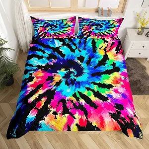 Tie Dye Comforter Cover Set Hippie Spiral Bedding Set Ethnic Boho Duvet Cover Swirl Tie Dyed Pattern Bed Comforter Cover,Bohemian Hippie Bedding Decor Queen Fashion Quilt Cover with 2 Pillow Shams