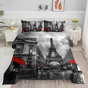 Datura home Bedding Comforter Set Paris Street Scenery Eiffel Tower Printed Pattern Quilt Bedding Set with 1 Comforter and 2 Pillowcases for Girls and Boys Bedroom All Season(Paris Twin)