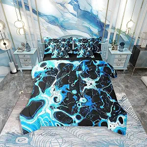 Erosebridal Black Light Blue Boys Bedding Sets Queen Comforter Set with Sheets 7 Piece Watercolor Abstract Bed in A Bag for Kids Teen Men,Aesthetic Marbling Fluid Artwork Bed Set Reversible