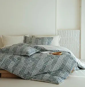 Grey Patchwork Comforter Queen Size - 100% Cotton Striped Reversible Comforter Set, Soft and Breathable Bedding Set for All Season, 3 Pieces
