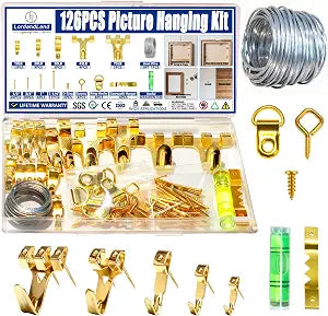 126Pcs Picture Hanging Kit, Picture Hangers Assorted Kit with Heavy Duty Picture Hanging Hooks/Hardware Nails/Sawtooth/Wire/D Rings/Level, Metal Picture Wall Hooks for Frame Canvas Mounting