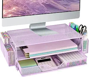 AUPSEN Computer Monitor Stands Riser2-Tier Desk Organizers and Accessories, Office Desk Accessories Organizer with Drawers and 2 Pen Holder for Office Supplies (Purple)