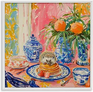 Pancakes Stack Hedgehog Floral, 12 x 12 Inch Framed Gicle Print