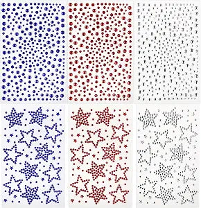 Face Gems 6 Sheets Hair Gems, Self Adhesive Face Jewels Stickers, Red White and Blue Star Festival Face Gems Stick on, 4th of July Rhinestone for Face, Eye, Makeup, Rave Accessories for Kids, Women