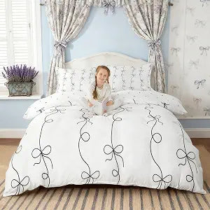 Manfei Cartoon Bowknot Kids Duvet Cover Set Full Size,Bow Knot Ribbon Geometric Patchwork Bedding Set,Girls Boys Room Decor,Modern Princess Black White Simple Quilt Cover,2 Pillowcases(No Comforter)