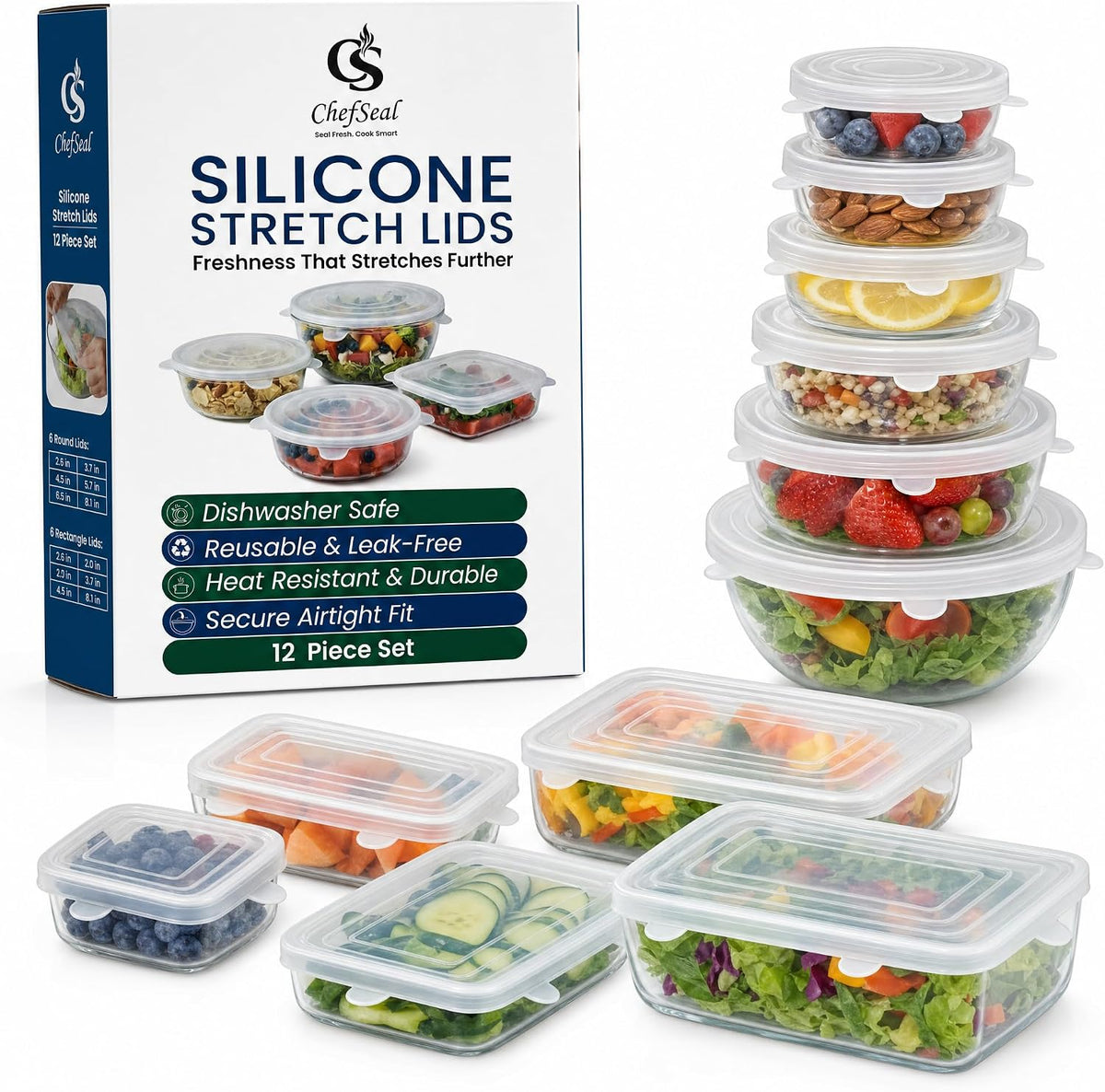 Silicone Stretch Lids - 12 Pack Reusable Food Storage Covers for Bowls, Cups, Containers - BPA Free Leakproof Kitchen Lid Set