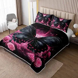 Black Butterfly Quilts for Queen Size Bed���Butterfly Flower Pink Quilt Bedding Set���1 Bedspread with 2 Pillow for Kids Adults Bedroom Decor���Pink and Black Gothic Bedroom Decor
