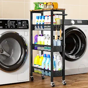 Slim Storage Cart with Wheels, 4 Tier Metal Rolling Organizer with Wood Top and Handle, Narrow Utility Shelf for Kitchen Bathroom Laundry Room, Black