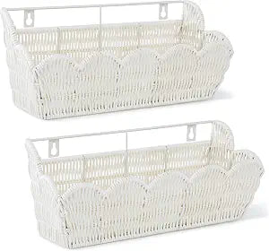 2 Pack Adhesive Plastic Wicker Hanging Storage Basket Scalloped Edge,White