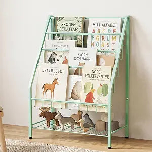 JAQ Kids Bookshelf for Toddlers, 4-Tier Forward Facing Book Display Shelf for Nursery, Playroom & Classroom, Easy Assembly Sling Bookshelf for Small Spaces, Green Metal Book Rack, 24.8