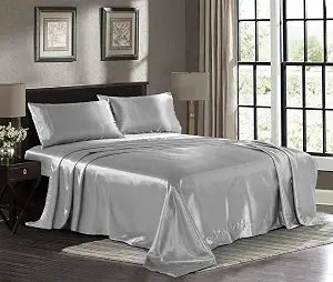 Satin Sheets Queen [4-Piece, Silver] Hotel Luxury Silky Bed Sheets - Extra Soft 1800 Microfiber Sheet Set, Wrinkle, Fade, Stain Resistant - Deep Pocket Fitted Sheet, Flat Sheet, Pillow Cases