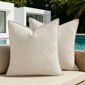 Fancy Homi Set of 2 Water Resistant Soft Chenille Decorative Outdoor Throw Pillow Covers Solid Beige Summer Farmhouse Boho Patio Ivory Cushion Cases 20x20 Inch for Garden Balcony Tent Couch Sofa Bed