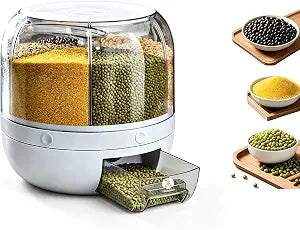 Rotating Grain Storage Bin 6 Grids Rice Container One-Click Output Large Capacity Food Dispenser For Rice Grains Sealed Moisture Proof Organizer (Grey) (Small)