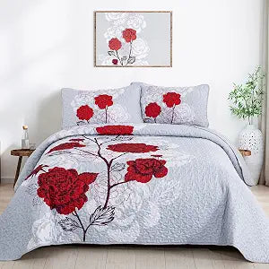 Anibedding Floral Quilt Set Queen Size,Elegant Red Floral Printed Bedspread Coverlet 3 Pieces Soft Microfiber Bedding Set with 2 Pillowcases for All Season(96"��90")