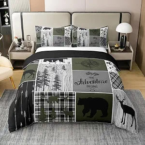 Erosebridal Retro Farmhouse Cabin 100% Cotton Duvet Cover Twin Size Rustic Bear Deer Bedding Set for Boys Teens Adult Bedroom Camping Lodge Decor Comforter Cover Plaid Hunting Animal Bedclothes