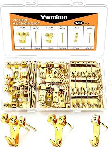 120Pcs 3 Sizes Picture Hanging Kit, 30lb 50lb 75lb Picture Hangers Hooks with Nails, Gold Picture Hanging Hardware, Frame Hanging Kit Wall Hanging Kit for Photo Frame Artwork