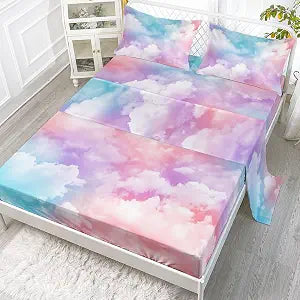 Datura Home 4Pc 3D Digital Printed Sheet Set - Pink & Blue Cloud Sky Pattern - Queen Size - Fitted & Flat Sheets + 2 Pillowcases