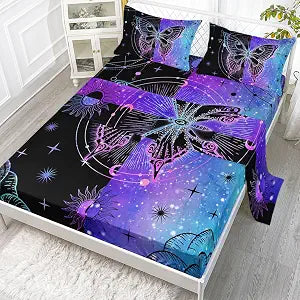 Datura home Bedding Fitted Sheet and Flat Sheet Set 4Pcs Black Blue Butterfly Printed Bedding Set with 1 Flat Sheet and 1 Fitted Sheet + 2 Pillowcases for Girls (Black Blue Butterfly Twin)