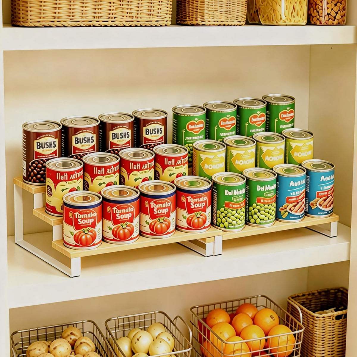 3-Tier Expandable Bamboo & Iron Can Organizer, Holds 30 Cans, White