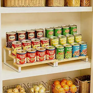 3-Tier Expandable Bamboo & Iron Can Organizer, Holds 30 Cans, White